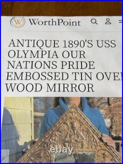 1890s Antique USS OLYMPIA Our Nations Pride Hammered Copper On Wood Mirror RARE