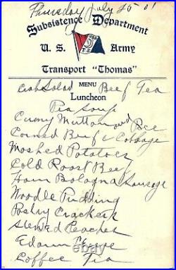 1901 U. S. Army Transport Ship Thomas Officers Lunch Menu Span-American War &B