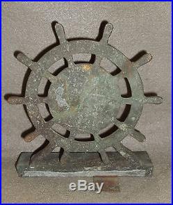 1927 BRONZE SHIPS WHEEL BOOK END MADE WithMATERIAL FROM U. S. S. FRIGATE CONSTITUTION