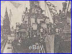 1958 Listed Belgium Artist J. B DeBudt Drypioint Etching BELGIUM NAVY SHIPS