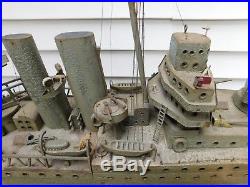 Amazing Circa 1940 Folk Art Battleship Model Hand Crafted Wood 3 1/2 Feet Long