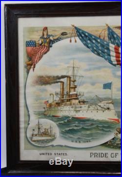Antique, Polychrome Lithograph, USS Iowa & HMS Powerful Dreadnaughts Battleships
