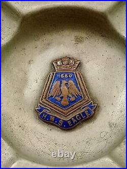 Antique Rare Metal Ashtray Hms Eagle Aircraft Carrier Royal Navy Enameled Emblem