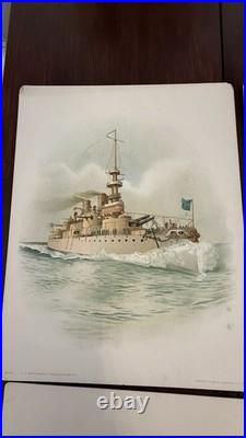 Antique US NAVY BATTLESHIP ART PRINTS 1898 COLOR LITHO KOERNER & HAYES Lot of 6