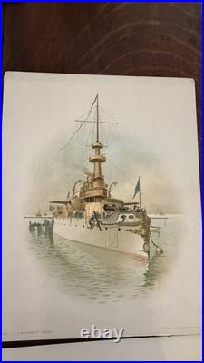 Antique US NAVY BATTLESHIP ART PRINTS 1898 COLOR LITHO KOERNER & HAYES Lot of 6