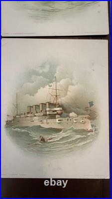 Antique US NAVY BATTLESHIP ART PRINTS 1898 COLOR LITHO KOERNER & HAYES Lot of 6