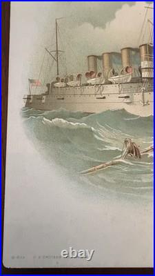 Antique US NAVY BATTLESHIP ART PRINTS 1898 COLOR LITHO KOERNER & HAYES Lot of 6