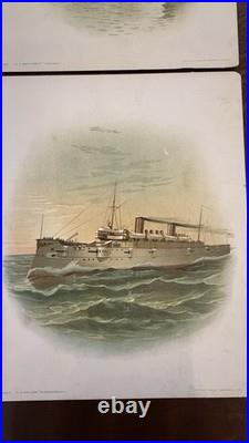 Antique US NAVY BATTLESHIP ART PRINTS 1898 COLOR LITHO KOERNER & HAYES Lot of 6