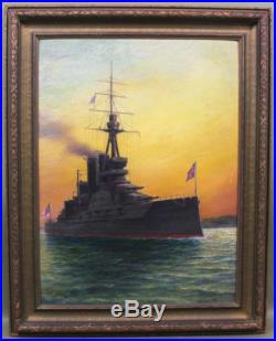 Antique WILLIAM STEEPLE DAVIS Oil Painting British Navy Dreadnought Battleship