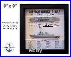 Arleigh Burke Class Destroyer Memorial Display Shadow Box, 9 x 9, Black