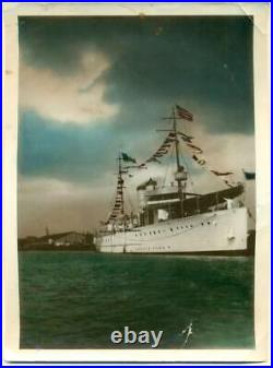 Ca. 1920 NAVY US ASIATIC FLEET HAND TINTED PHOTOGRAPH SHIP w FLAGS in HARBOR