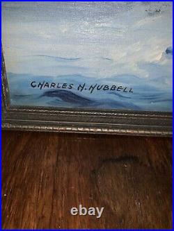 Charles H. Hubbell Original Painting-Naval-Ship-Signed-Original Frame-25.5x19.5