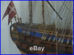 Danish Navy Man of War Large Wooden Ship Model in Display Case