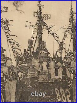 Henri De Budt (1884-1967) Signed Etching U. S Navy Ships 1958 Belgium