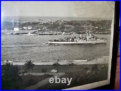 LARGE ORIG FRAMED PHOTO of USS STURTEVANT DE 239 SHIP circa 1950's CUBA