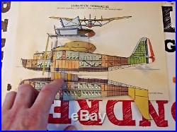 Old Illustration Poster with Very Rare System 1939 Commercial Seaplane Latécoère