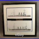 Original Antique Framed Imperial Russian Battleship Cap Tally Ribbon withPaintings