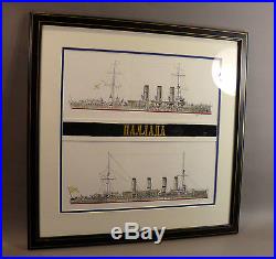 Original Antique Framed Imperial Russian Battleship Cap Tally Ribbon withPaintings