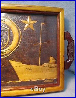 Rare 1951 Carved Wood Tray US Navy Bremerhaven Germany USS Patch Troop Ship
