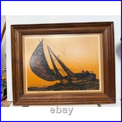 Roger Berghoff Signed Serigraph Gusty Weather Sailboat MCM Framed Print