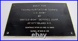 UNITED BOAT CITY ISLAND NY Old Sign Plate BUILT FOR TRANSPORTATION CORPS US ARMY