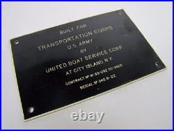 UNITED BOAT CITY ISLAND NY Old Sign Plate BUILT FOR TRANSPORTATION CORPS US ARMY