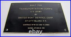 UNITED BOAT CITY ISLAND NY Old Sign Plate BUILT FOR TRANSPORTATION CORPS US ARMY