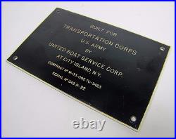 UNITED BOAT CITY ISLAND NY Old Sign Plate BUILT FOR TRANSPORTATION CORPS US ARMY