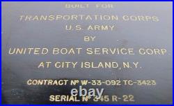 UNITED BOAT CITY ISLAND NY Old Sign Plate BUILT FOR TRANSPORTATION CORPS US ARMY