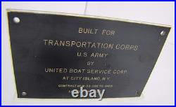 UNITED BOAT CITY ISLAND NY Old Sign Plate BUILT FOR TRANSPORTATION CORPS US ARMY