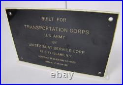 UNITED BOAT CITY ISLAND NY Old Sign Plate BUILT FOR TRANSPORTATION CORPS US ARMY