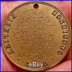 US NAVY SHIP USS HANCOCK pre WWI CONDUCT Medal Date 1908 Named FRANK BRADEEN #'d