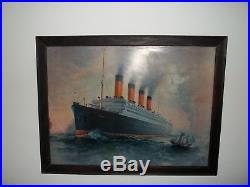 VINTAGE Cunard Line Aquatania Ocean Liner Tin Painting Litho Sign ORIGINAL A80