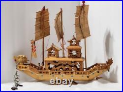 Vintage Ancient Wooden Asian House Ship Model Bamboo Sail Dragon Header 16 Long