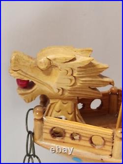 Vintage Ancient Wooden Asian House Ship Model Bamboo Sail Dragon Header 16 Long