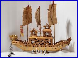Vintage Ancient Wooden Asian House Ship Model Bamboo Sail Dragon Header 16 Long