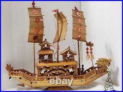Vintage Ancient Wooden Asian House Ship Model Bamboo Sail Dragon Header 16 Long