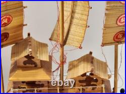 Vintage Ancient Wooden Asian House Ship Model Bamboo Sail Dragon Header 16 Long