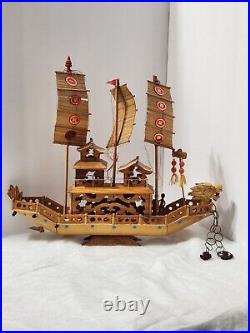 Vintage Ancient Wooden Asian House Ship Model Bamboo Sail Dragon Header 16 Long