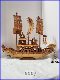 Vintage Ancient Wooden Asian House Ship Model Bamboo Sail Dragon Header 16 Long