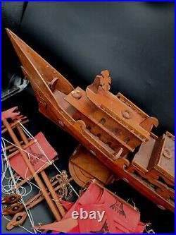 Vintage Boat MODEL HOUSE WOODEN Red SAILS Masts 29L x 30T Hand Made 1960