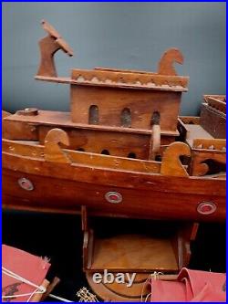Vintage Boat MODEL HOUSE WOODEN Red SAILS Masts 29L x 30T Hand Made 1960