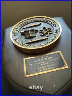 Vintage Puget Sound U S Naval Shipyard Bremerton Washington Brass & Wood Plaque