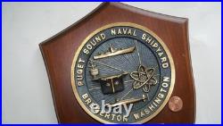Vintage Puget Sound U S Naval Shipyard Bremerton Washington Brass & Wood Plaque