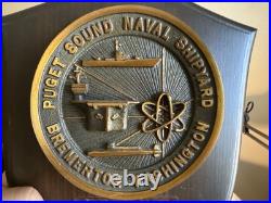 Vintage Puget Sound U S Naval Shipyard Bremerton Washington Brass & Wood Plaque
