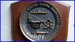 Vintage Puget Sound U S Naval Shipyard Bremerton Washington Brass & Wood Plaque
