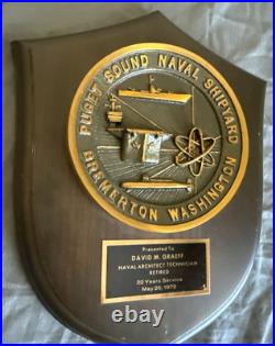 Vintage Puget Sound U S Naval Shipyard Bremerton Washington Brass & Wood Plaque
