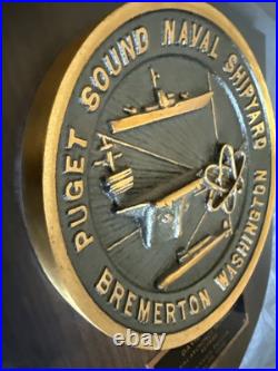 Vintage Puget Sound U S Naval Shipyard Bremerton Washington Brass & Wood Plaque