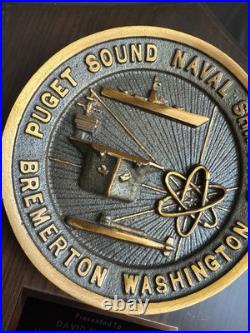 Vintage Puget Sound U S Naval Shipyard Bremerton Washington Brass & Wood Plaque