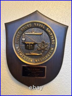 Vintage Puget Sound U S Naval Shipyard Bremerton Washington Brass & Wood Plaque